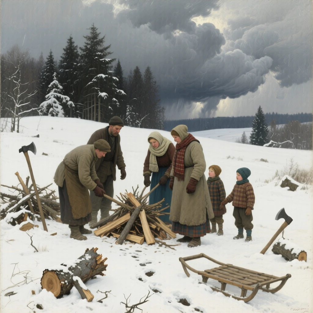 A balanced composition of villagers gathering firewood before an approaching winter storm, in deep winter, in the 1930s.