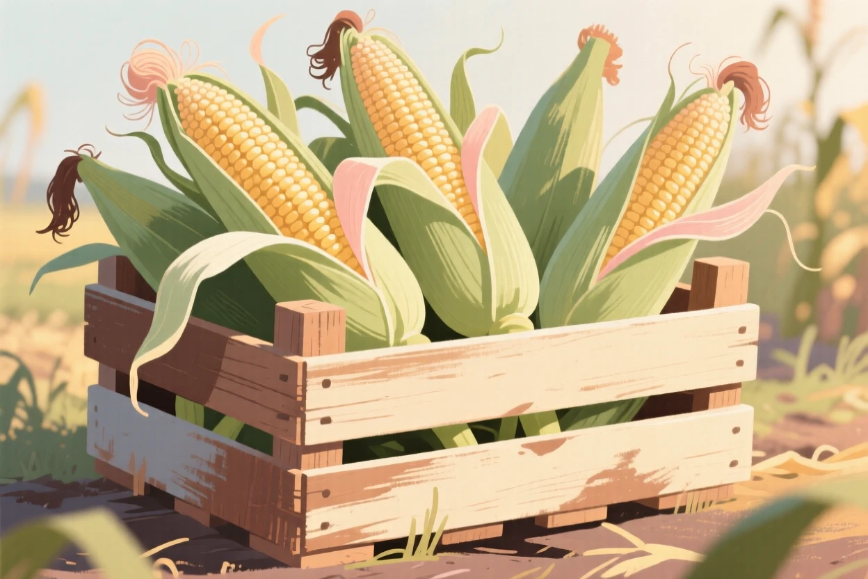 A wooden crate of fresh corn on the cob still in their husks