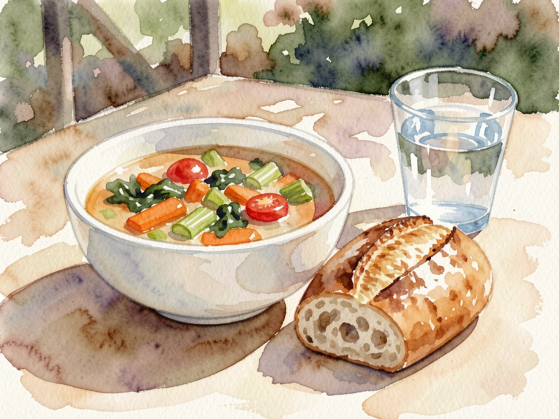 A hearty bowl of vegetable soup with crusty bread on a sunlit outdoor patio table with sunlight catching the glass.