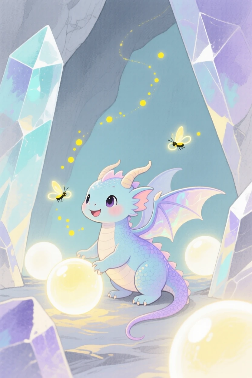 A tiny baby dragon plays among floating glowing orbs in a crystal cave glowing softly, while fireflies swirl through the air