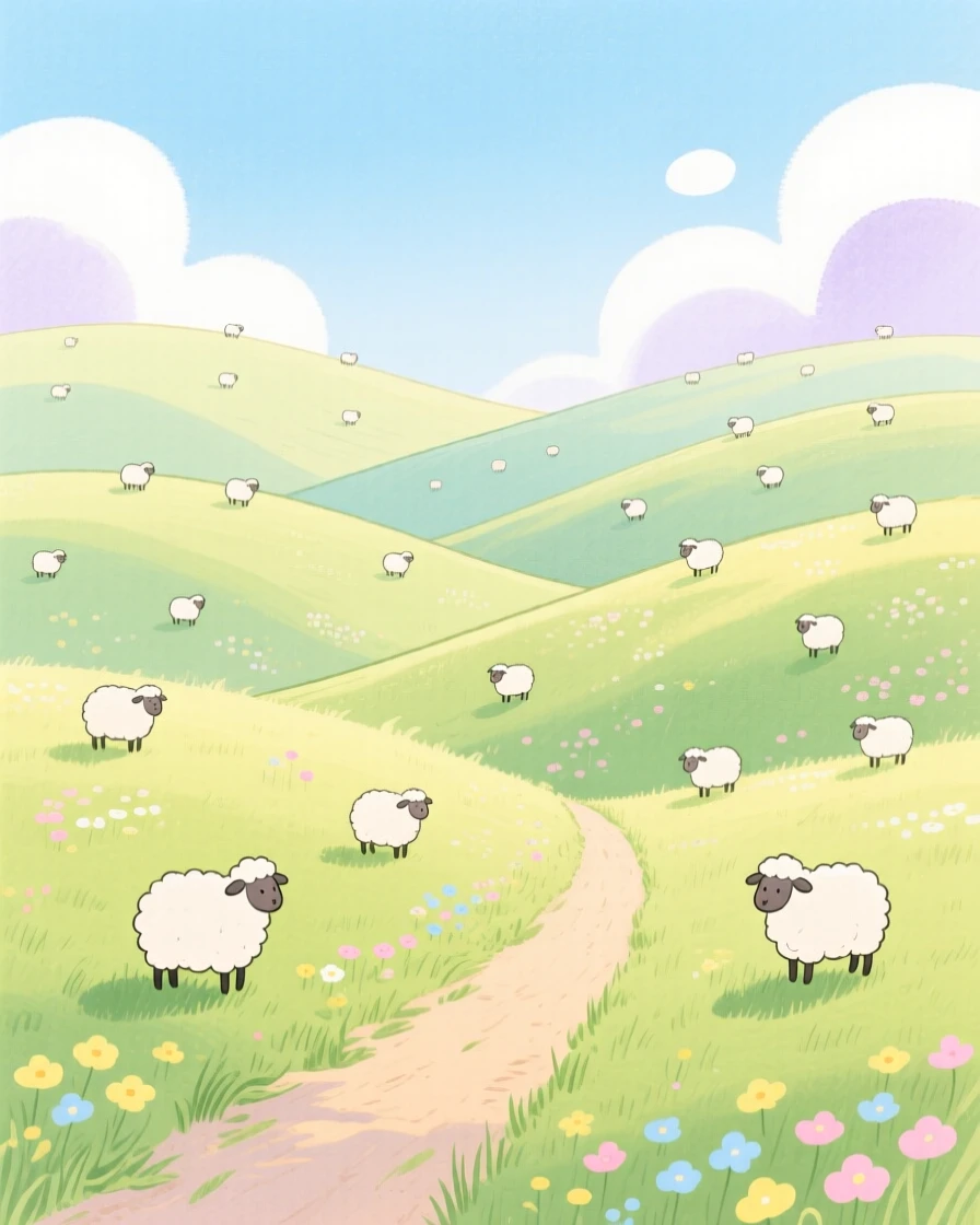 A sweeping view of rolling hills dotted with grazing sheep in early spring.