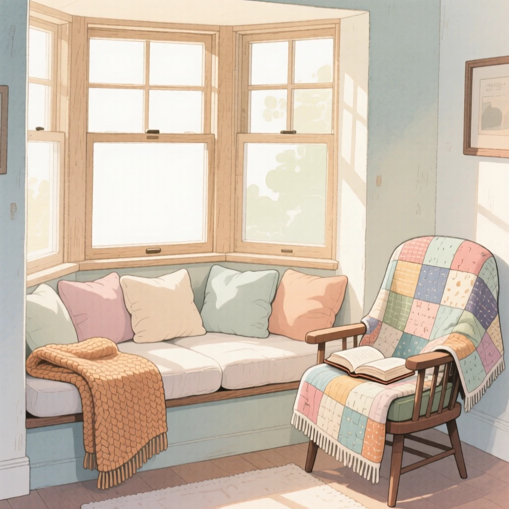 A reading nook tucked into a bay window with cushions and a warm knitted throw, with a worn quilt draped over the nearest chair, capturing the quiet beauty of everyday rituals.