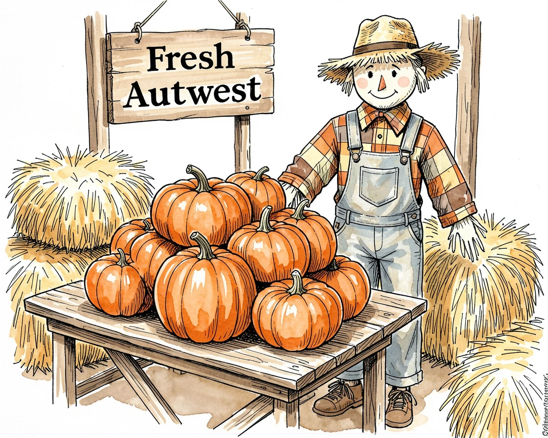 A cozy autumn scene with a stack of pumpkins, a scarecrow, and hay bales at a farm stand