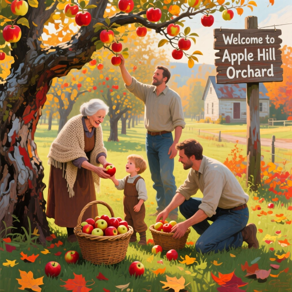 a family gathering apples in an old orchard, during harvest season, from an inviting eye-level viewpoint.