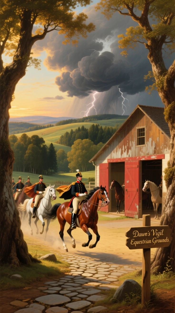 A cavalry unit races freely across a sunlit stable at morning as thunder rumbles in the distance.