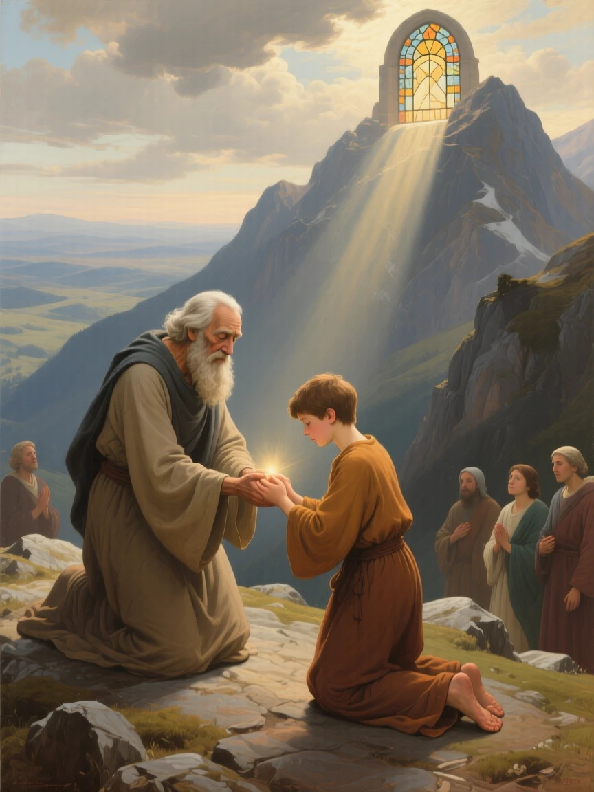 A wise elder passing sacred wisdom to a kneeling young disciple in an instant of grace touching the ordinary world, set atop a remote mountain overlooking an endless valley, with soft, radiant light breaking gently through clouds or stained glass; converging figures form a reverent circle around the central moment, radiating compassion, faith, and gentle hope.