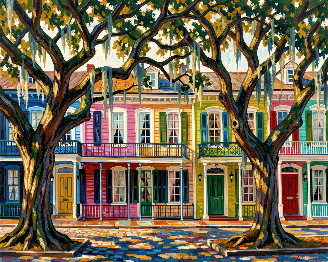A row of colorful rowhouses in Charleston shaded by ancient live oak trees.