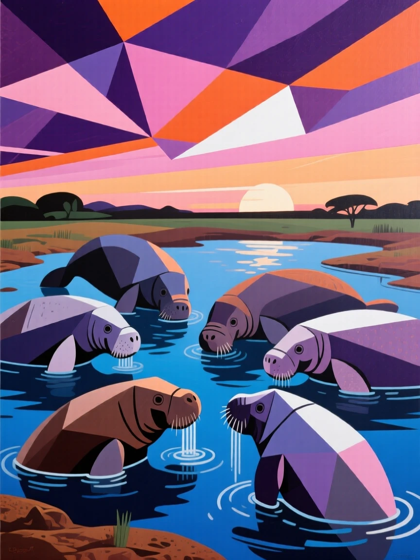 A striking view of a manatee gathering near a watering hole at dusk beneath a dramatic sky.