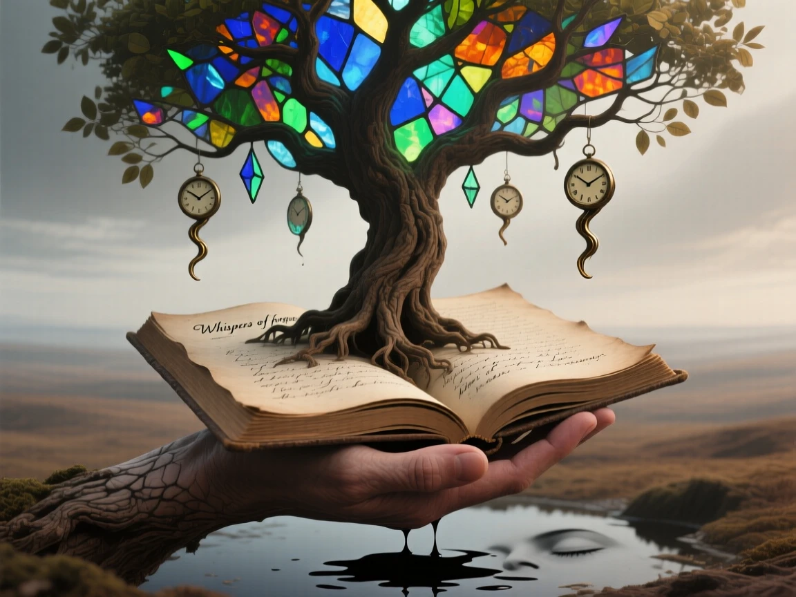 A tree growing directly from the pages of an open journal rests gently in the palm of an outstretched hand, as everything else fades quietly into muted color.