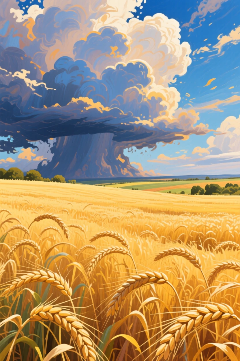 A golden wheat field swaying under a dramatic summer storm cloud rolling in from the horizon