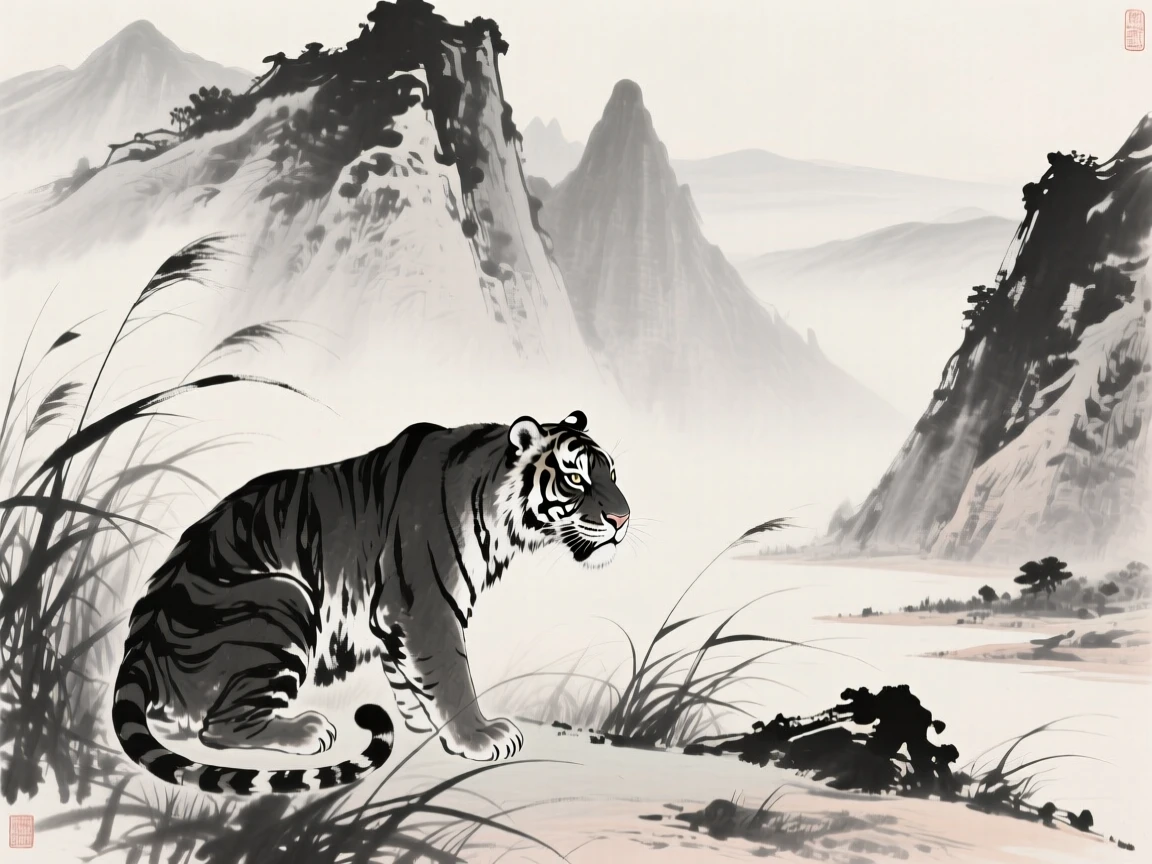 A tiger crouches low in tall grass, watching the valley below, beneath towering peaks fading into the distance.