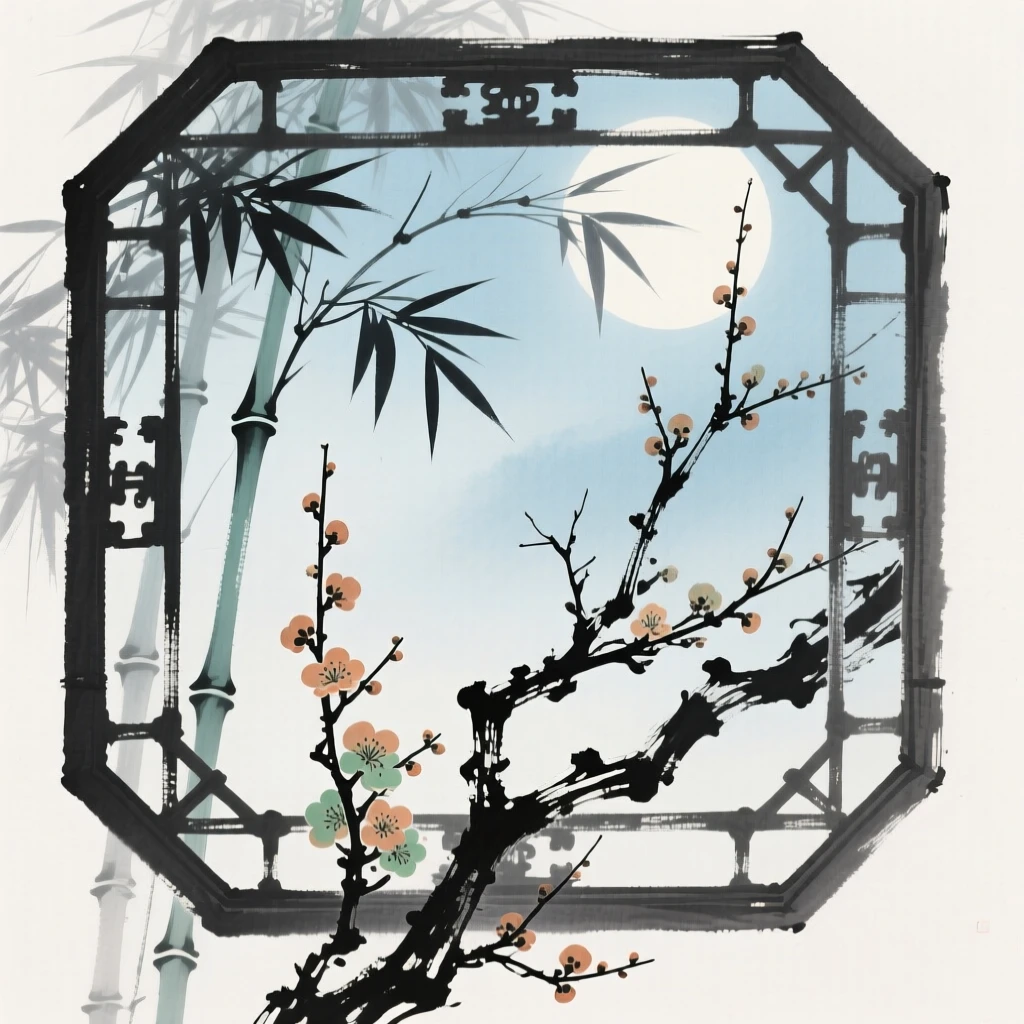 Moonlight falling softly through a bamboo lattice window, as the last plum blossoms cling to bare branches, full of quiet reverence, through a light drifting mist.
