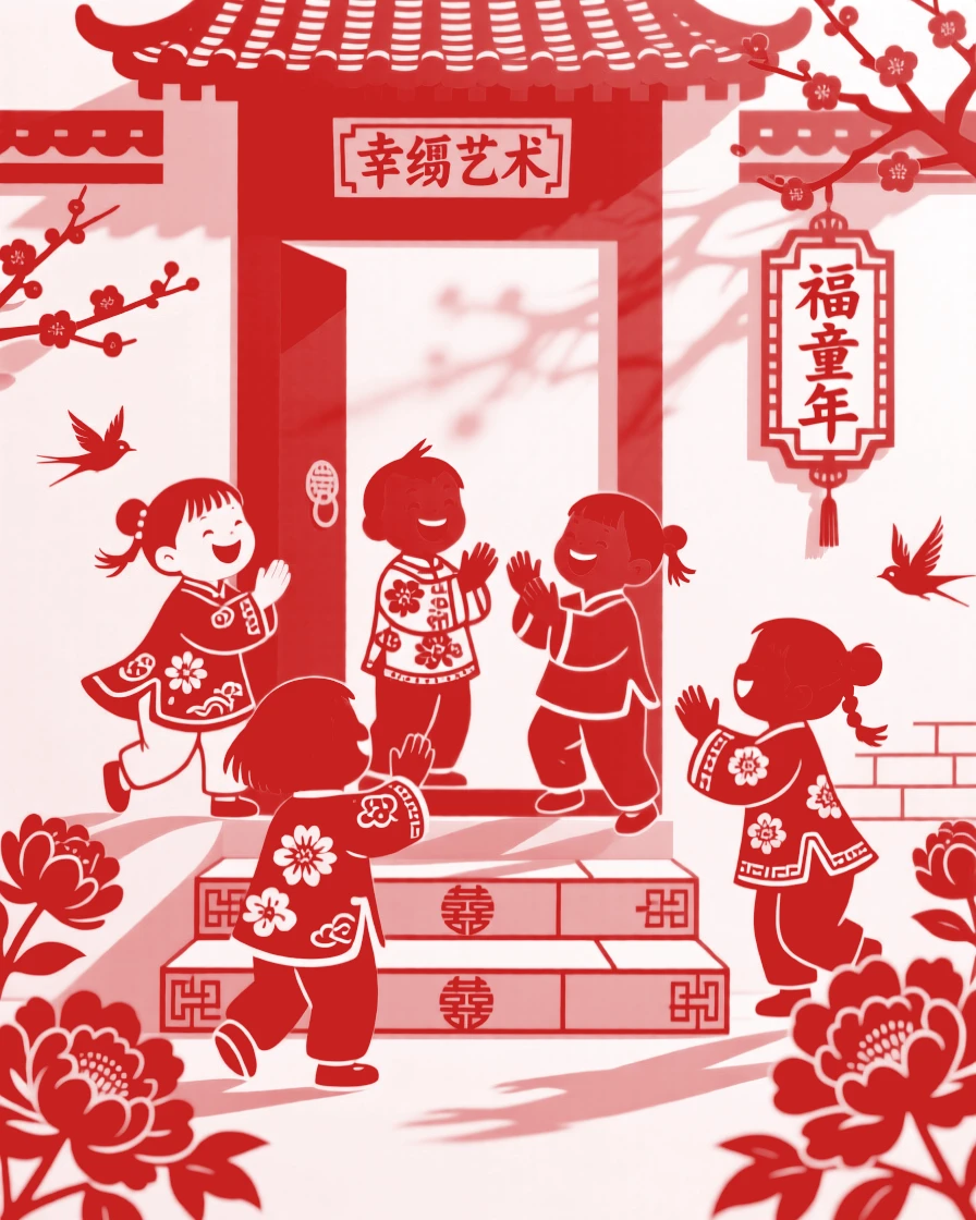 A group of laughing children, playing a hand-clapping game on the front steps, a warm afternoon sun casting long gentle shadows.