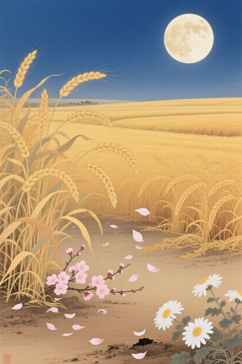 A harvest moon rising over golden fields in early autumn, as a gentle breeze scatters petals across the ground