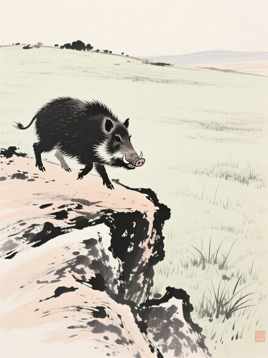 A wild boar moving cautiously along a rocky ridge across an open grassy plain, framed low to the ground for an intimate, close perspective, suggesting calm alertness within a peaceful world.