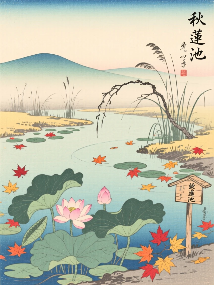 A lotus-filled pond, surrounded by drifting autumn leaves.