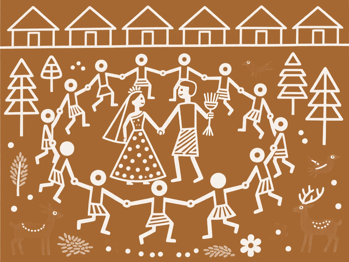 A wedding ceremony celebrated with villagers dancing in a large circle.