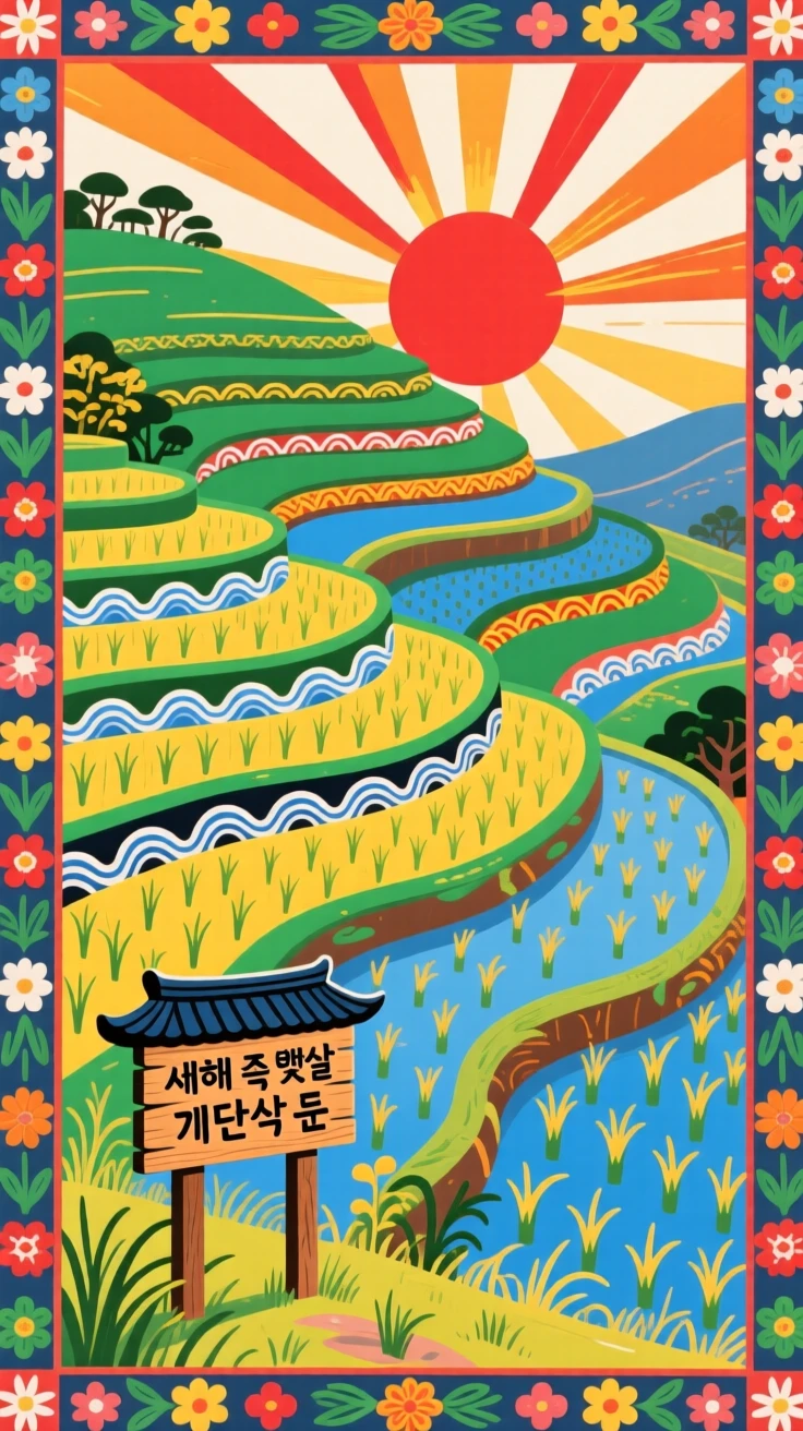 Terraced rice fields climbing a hillside, in the first light of a new year.