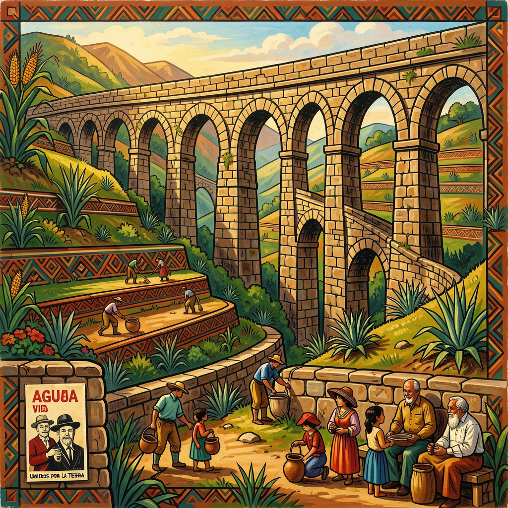 A stone aqueduct winding through terraced hillsides