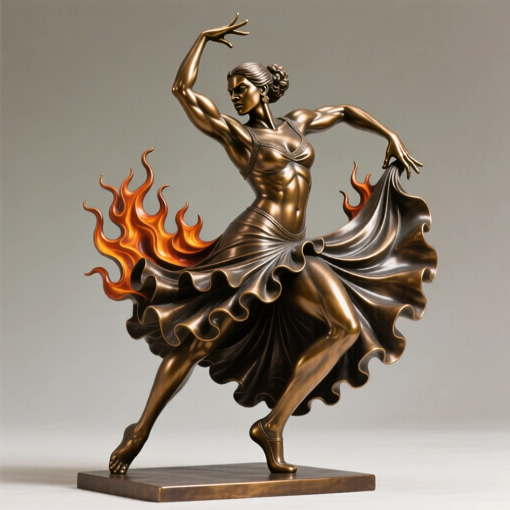 A flamenco dancer captured mid-stomp with fiery skirts, with powerful, expressive body language, forming a strong central focal point