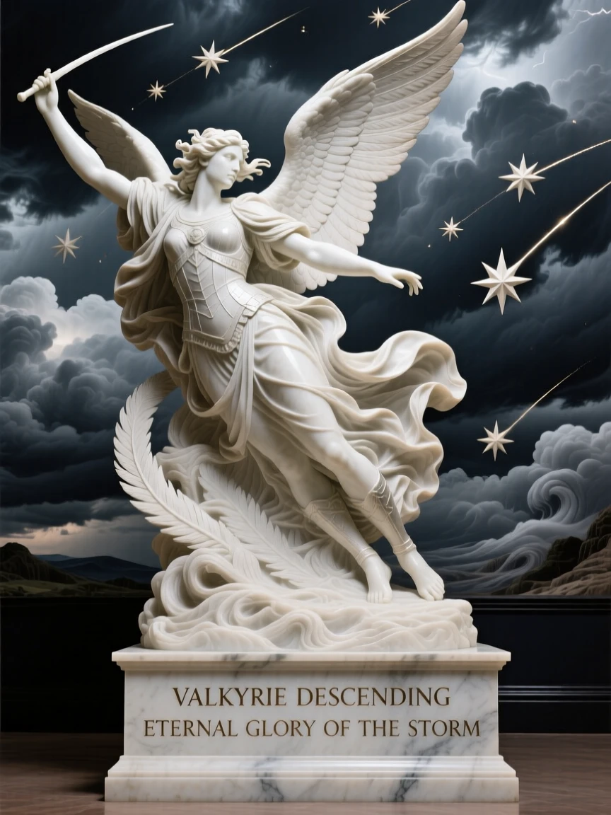 An epic scene of a Valkyrie descending from stormy skies, under a sky filled with shooting stars, evoking myth and grandeur