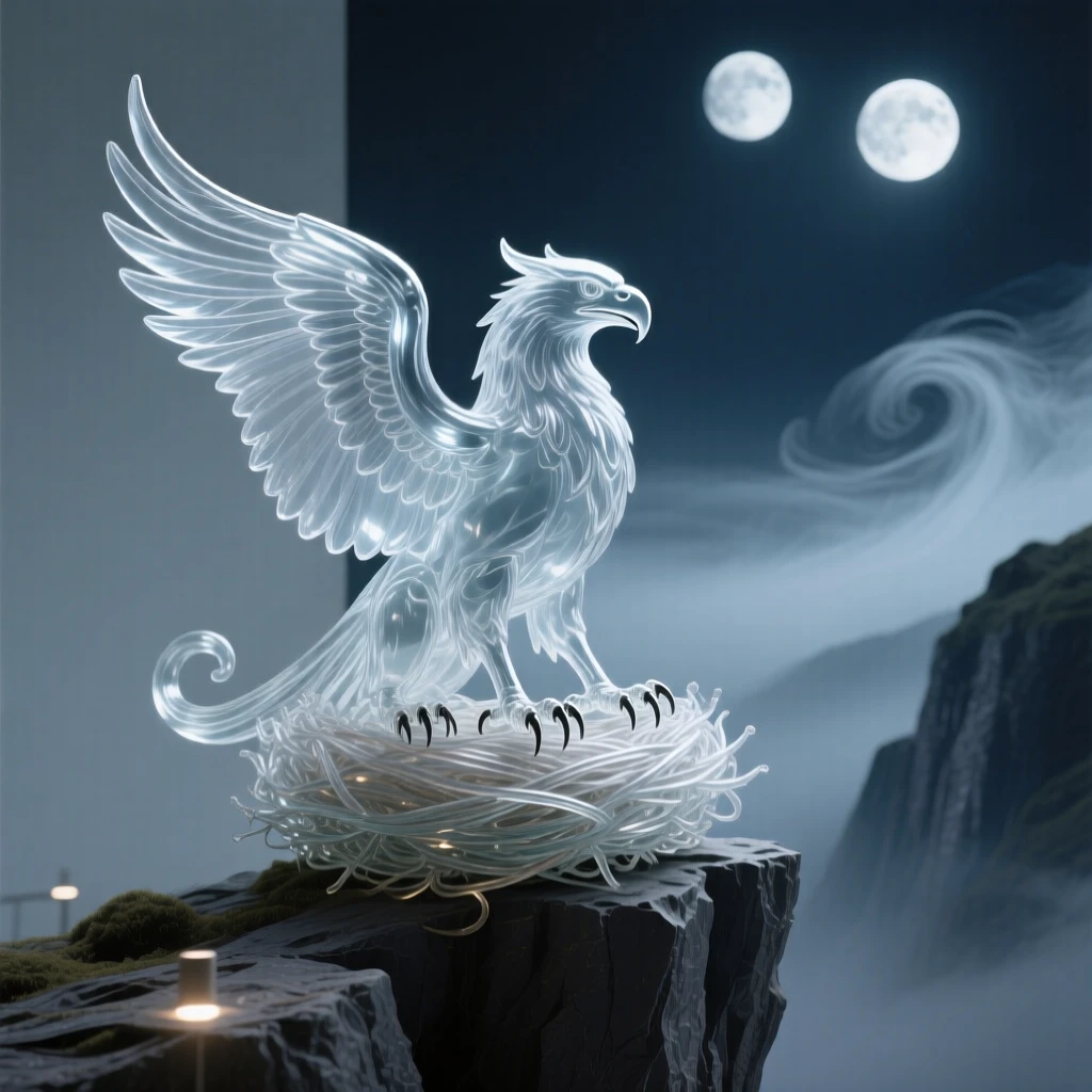 A griffin protecting its nest on a cliffside under a twilight sky filled with two moons, atmospheric fog rolling through the scene, feeling mysterious and enchanting.