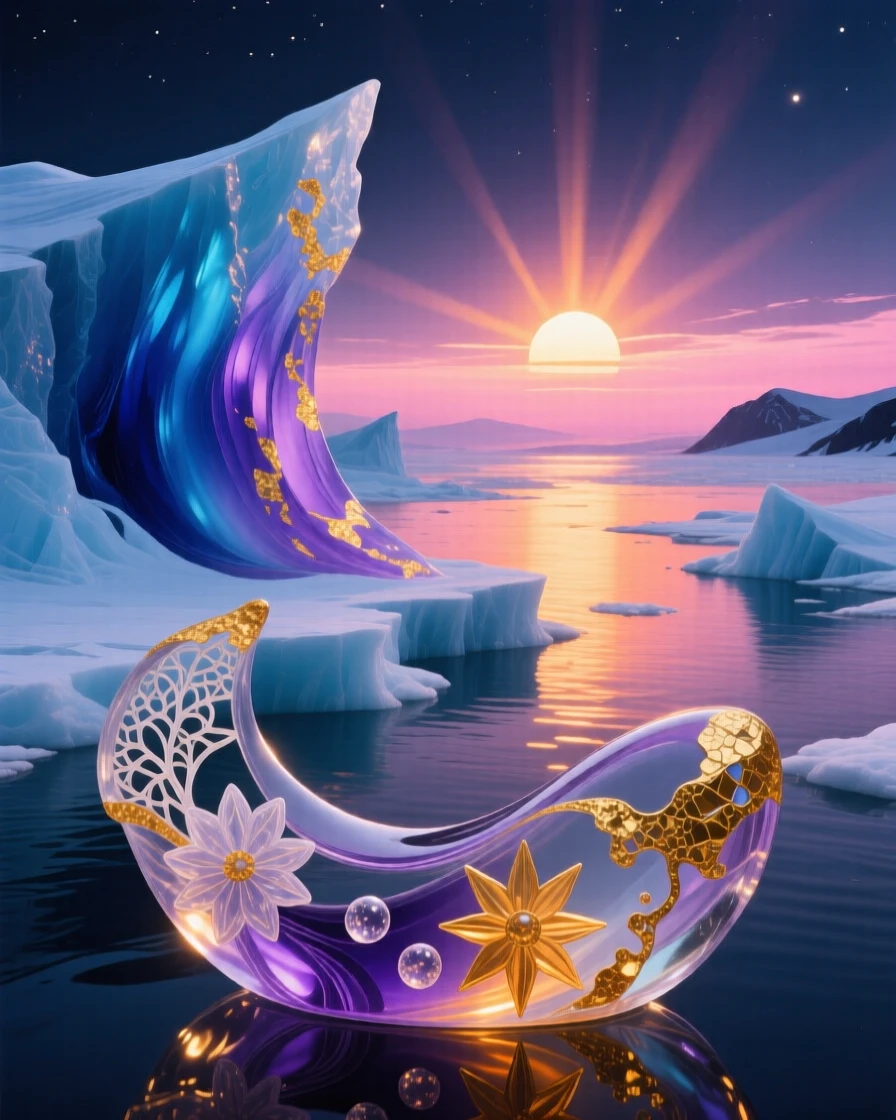 A dramatic ice fjord glowing under the midnight sun, surreal and vast.