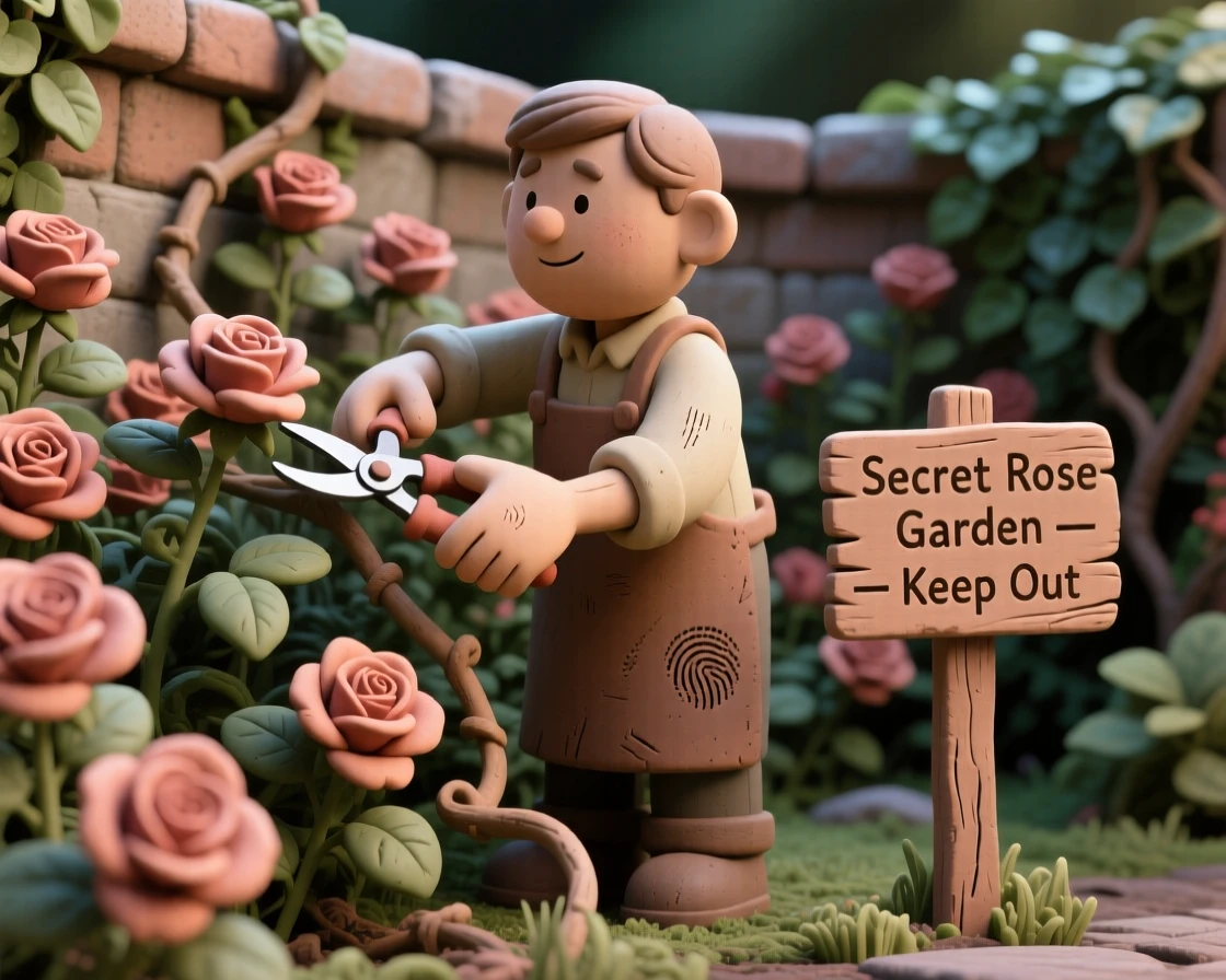 A gardener pruning roses in an overgrown secret garden