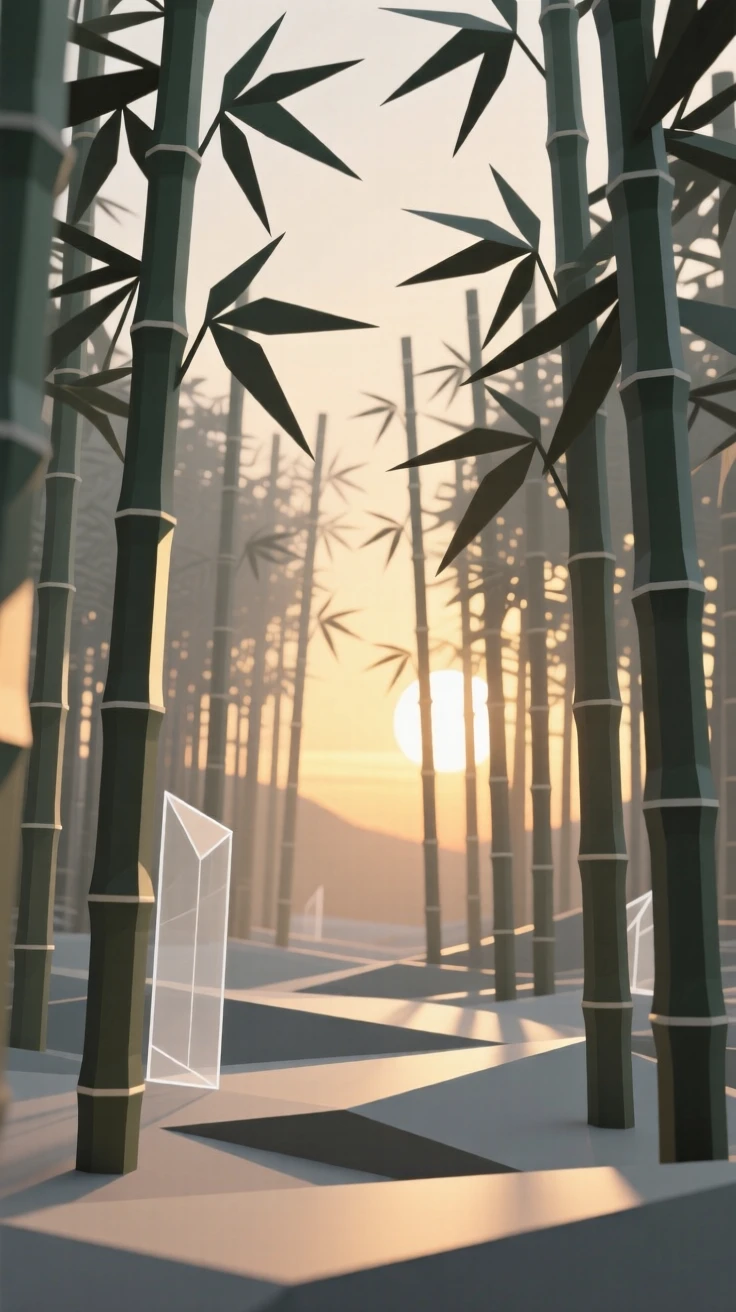 A dense bamboo forest with soft filtered light, during the golden hour before dusk. soft light rays break through scattered clouds. A deep sense of peace fills the landscape.