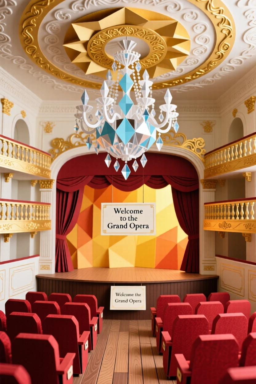 An ornate opera house interior with gilded balconies and a grand crystal chandelier, red velvet seats stretching toward a glowing stage, evoking classical elegance.
