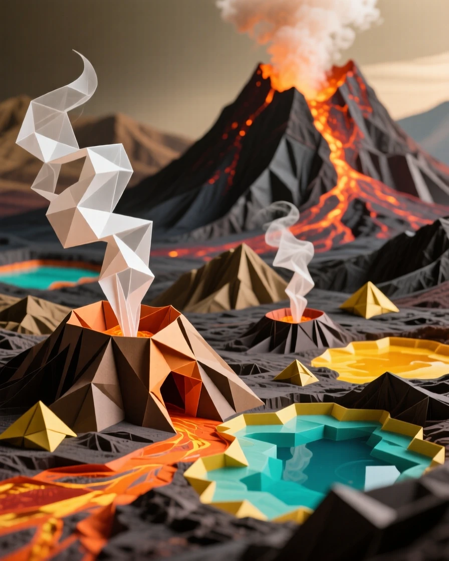 A dramatic volcanic landscape with steam rising from geothermal vents amid colorful mineral pools.