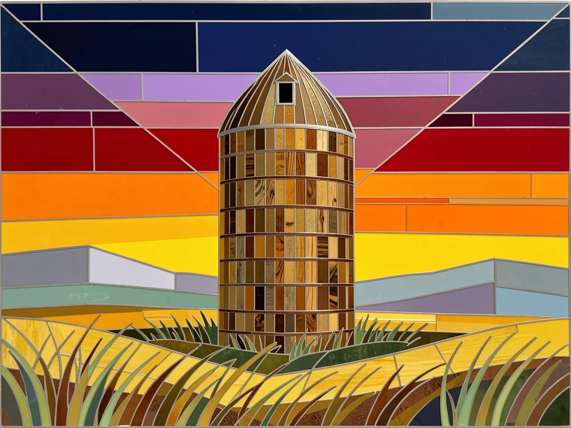 A rustic grain silo standing against a dramatic prairie sunset.