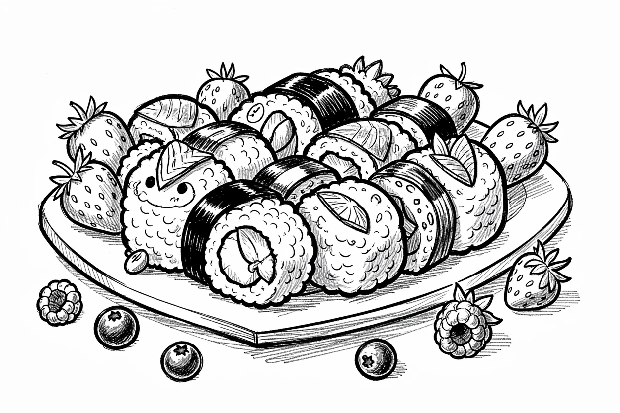 A platter of sushi rolls surrounded by fresh berries.