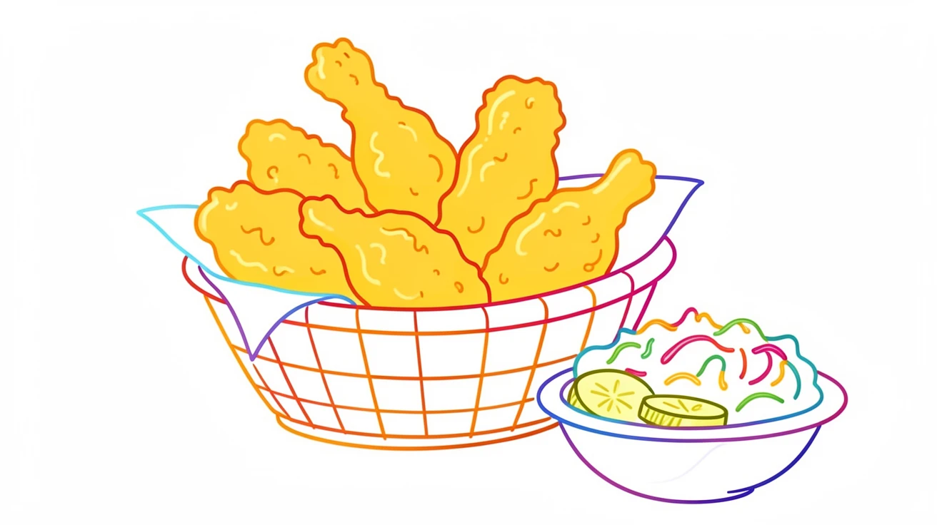 A basket of golden fried chicken with a side of coleslaw and pickles.