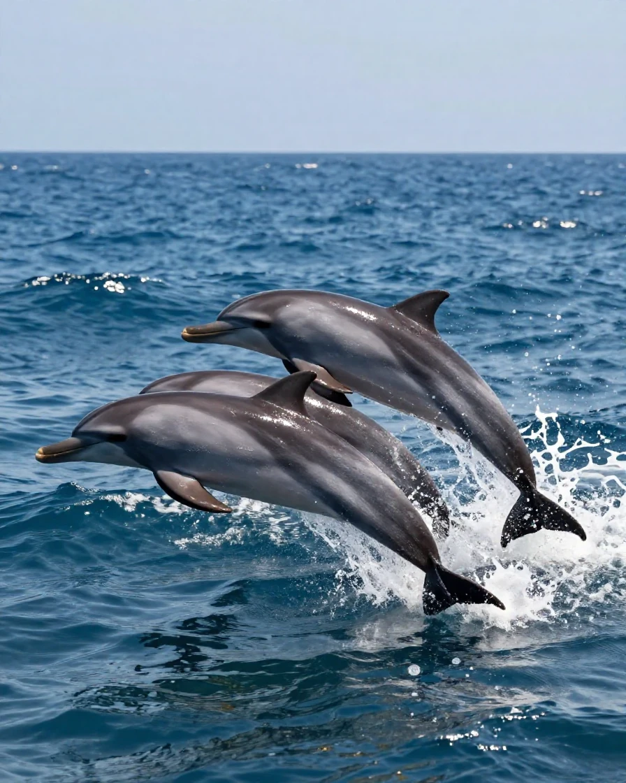 A pod of dolphins leaping through ocean waves