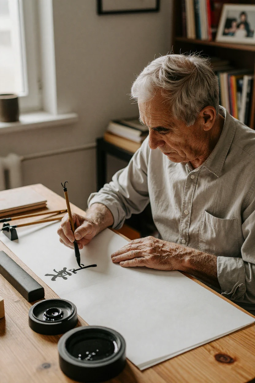 A senior gentleman practices calligraphy at a quiet desk lined with ink stones and brushes.
