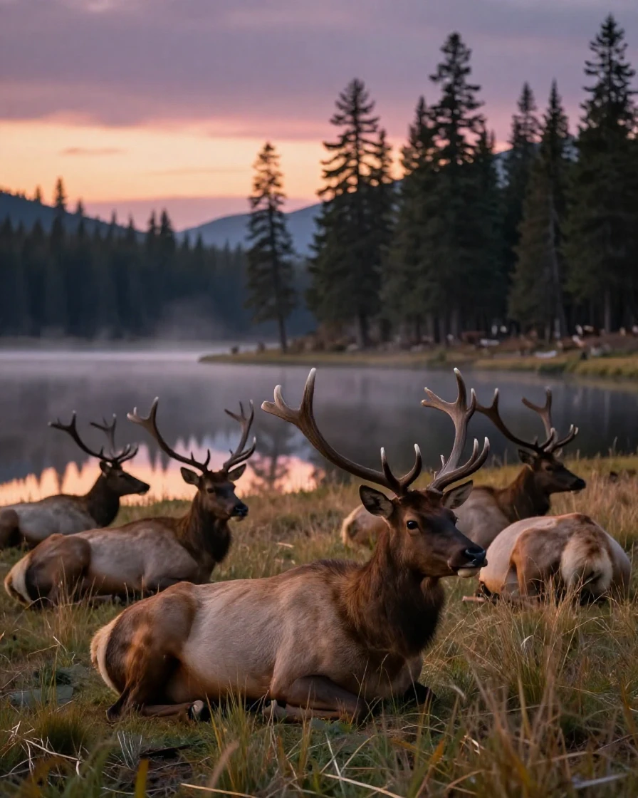 A herd of elk resting quietly among tall grass beside a tranquil alpine lake as the day slowly fades