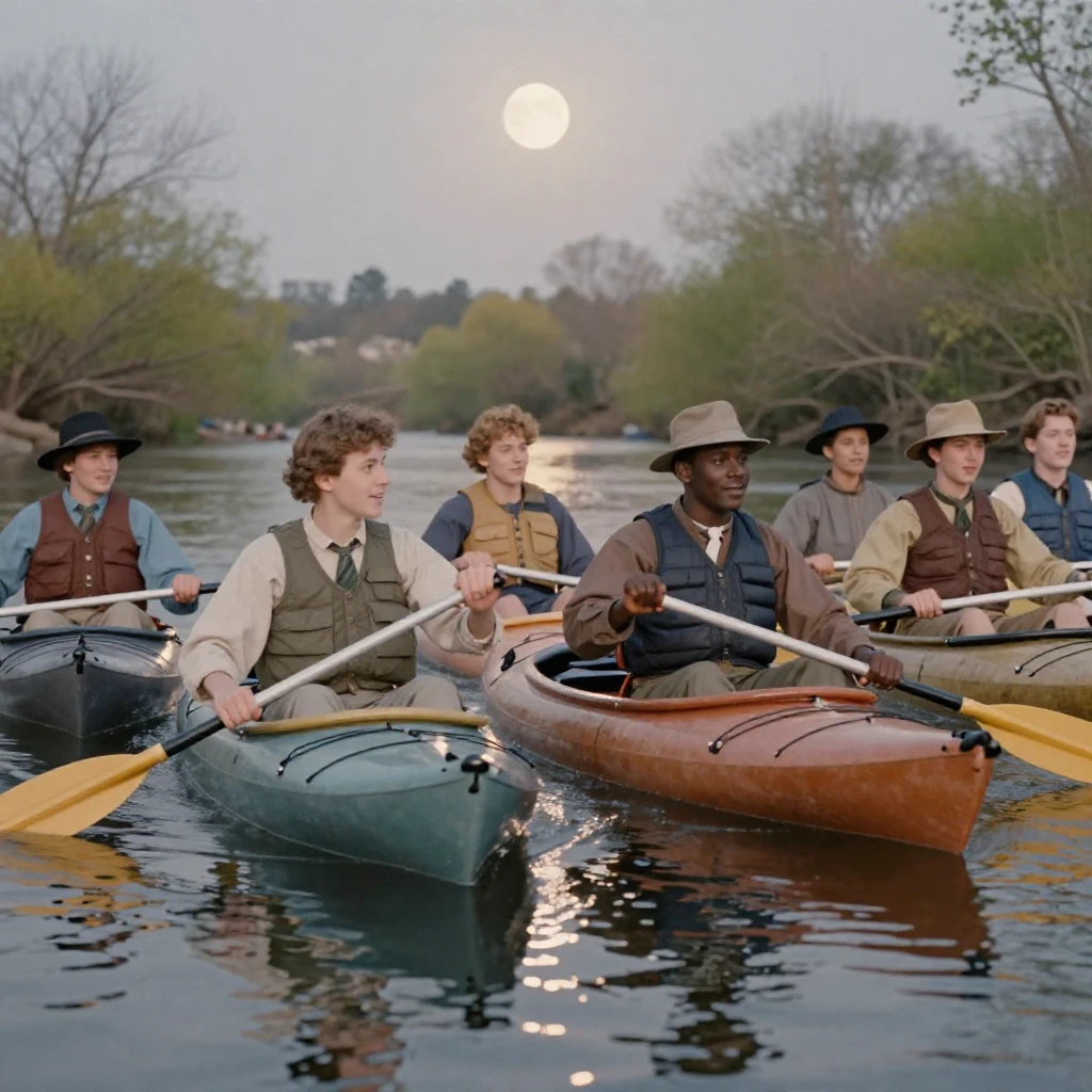 Friends kayaking together down a gentle river, under moonlight, in still, windless air, in early spring, in soft muted pastels, in a tight close-up.