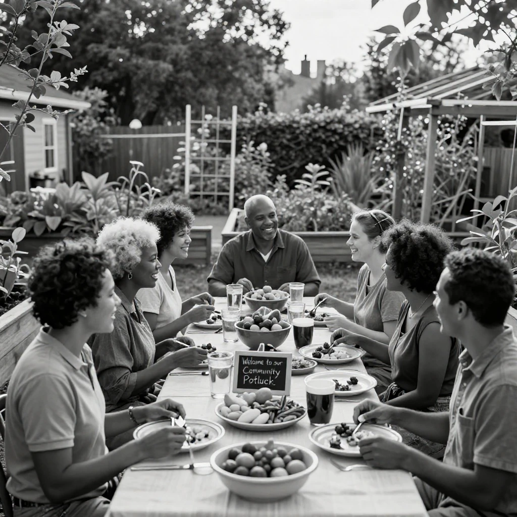 A group of neighbors shares a potluck dinner outdoors in a shared community garden.