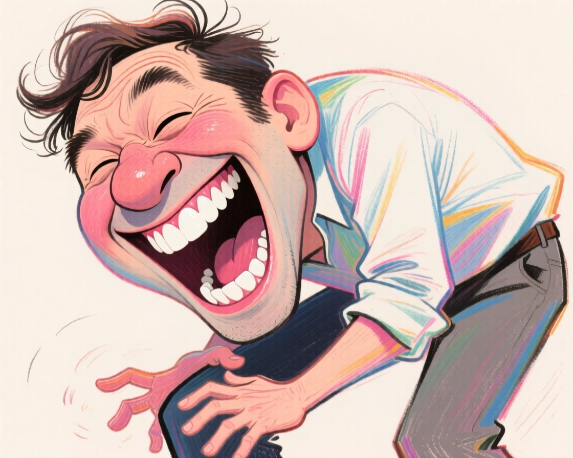 A man mid-laugh so hard he's slapping his knee and doubling over.
