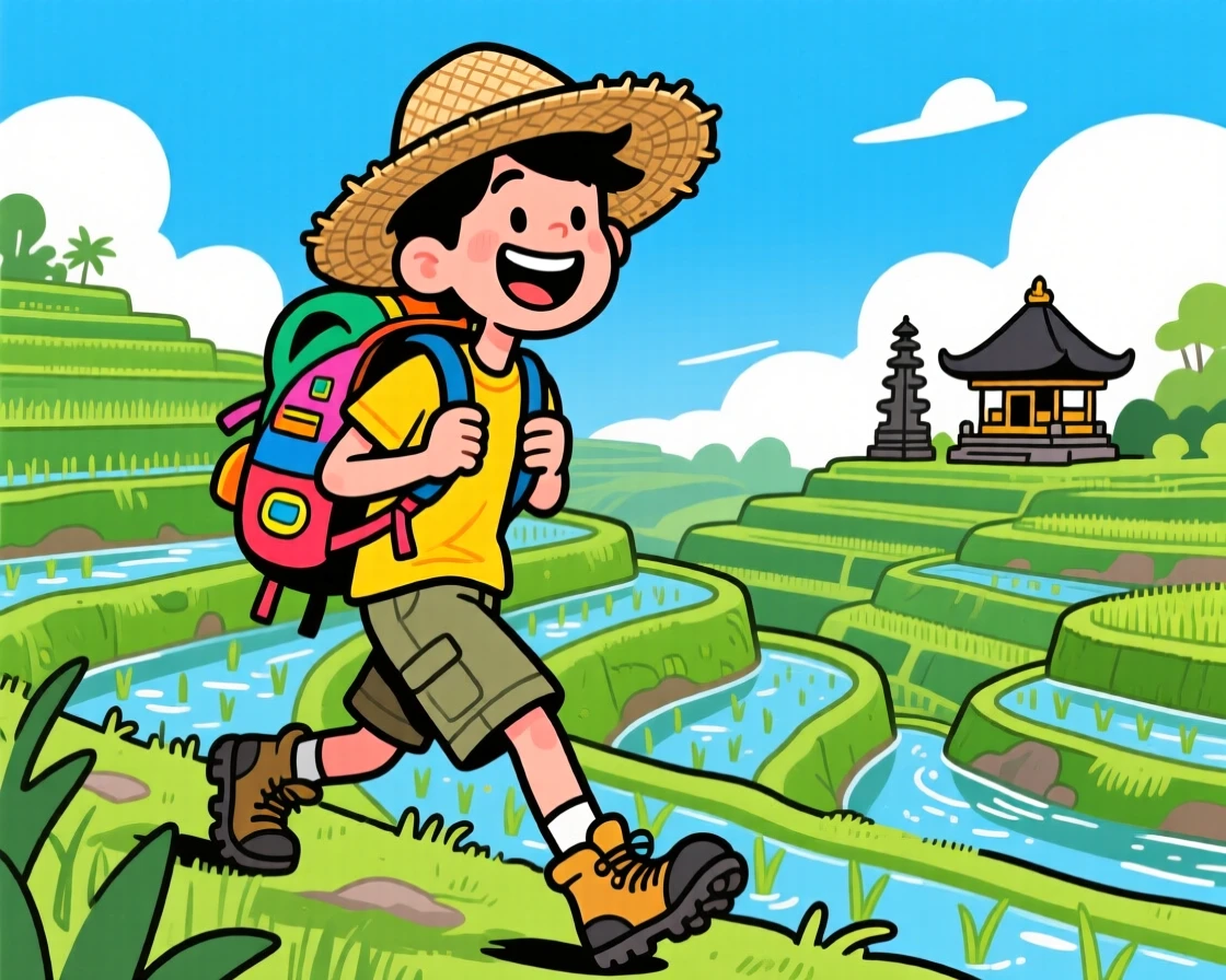 An iconic travel scene featuring a backpacker trekking through lush rice terraces in Bali, wide grin under a straw hat.