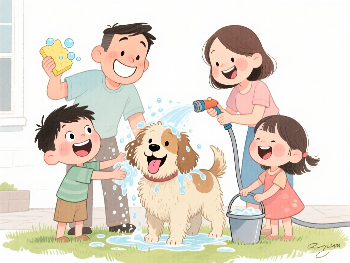 A family of four washing a happy dog together in the front yard
