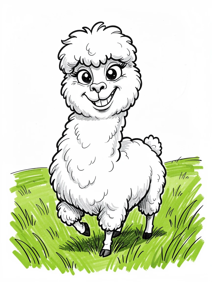 [Cute Animals & Pets] Adorable scene of a fluffy Alpaca with a goofy grin standing in a green pasture, bursting with charm and playful energy