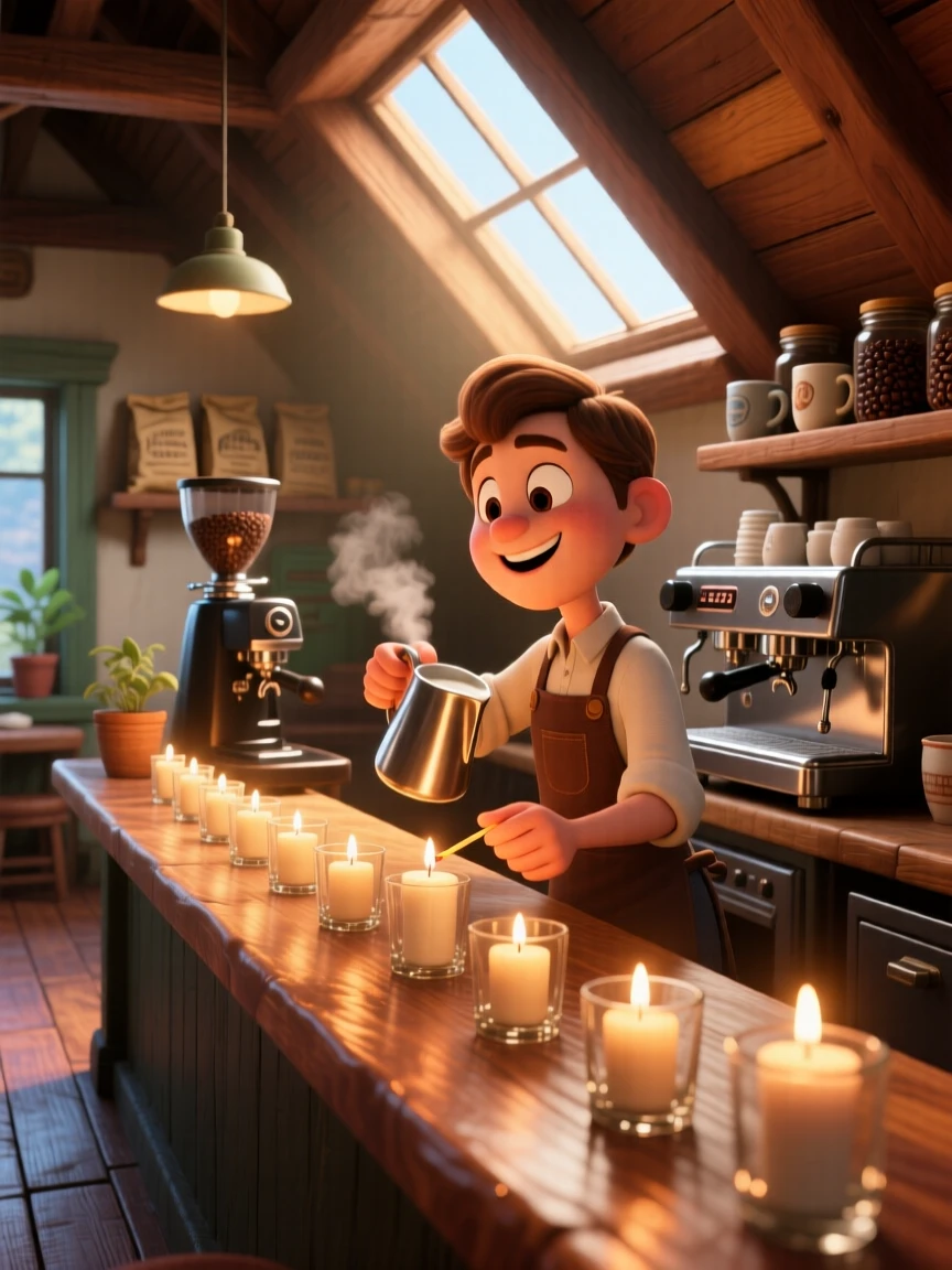 A barista steaming milk behind a counter sits in an attic room with slanted wooden beams, lighting a row of small candles. A gentle nostalgia and calm settle over the scene, with soft golden light spilling across the floor.