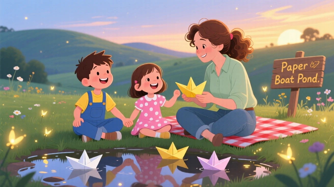 Siblings holding hands spends the afternoon making paper boats to float in a puddle with her favorite aunt, as fireflies begin to twinkle.