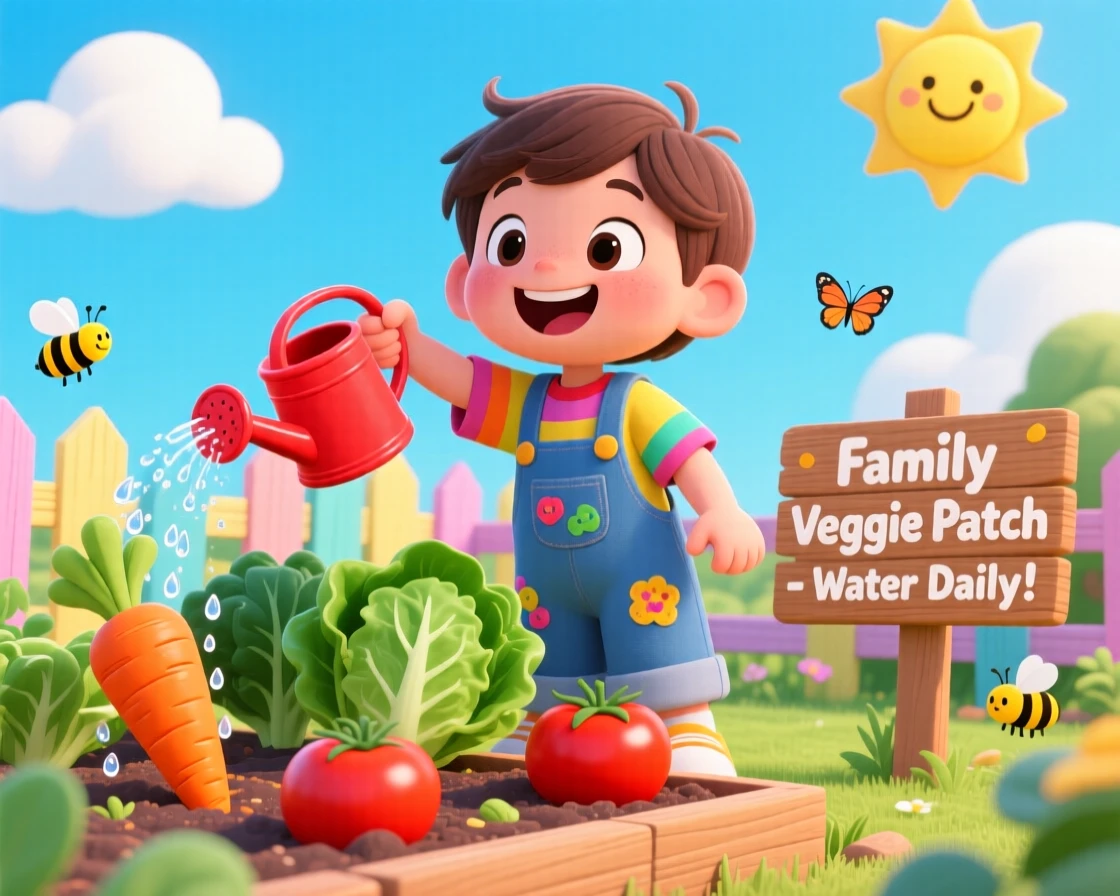 A child helping water the family vegetable garden.