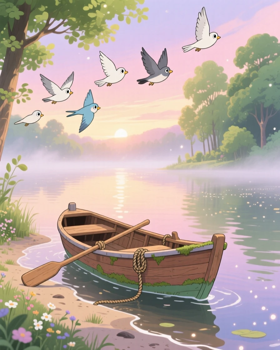A charming scene of a rowboat resting on the shore of a quiet lake at dawn, as birds fly alongside it.