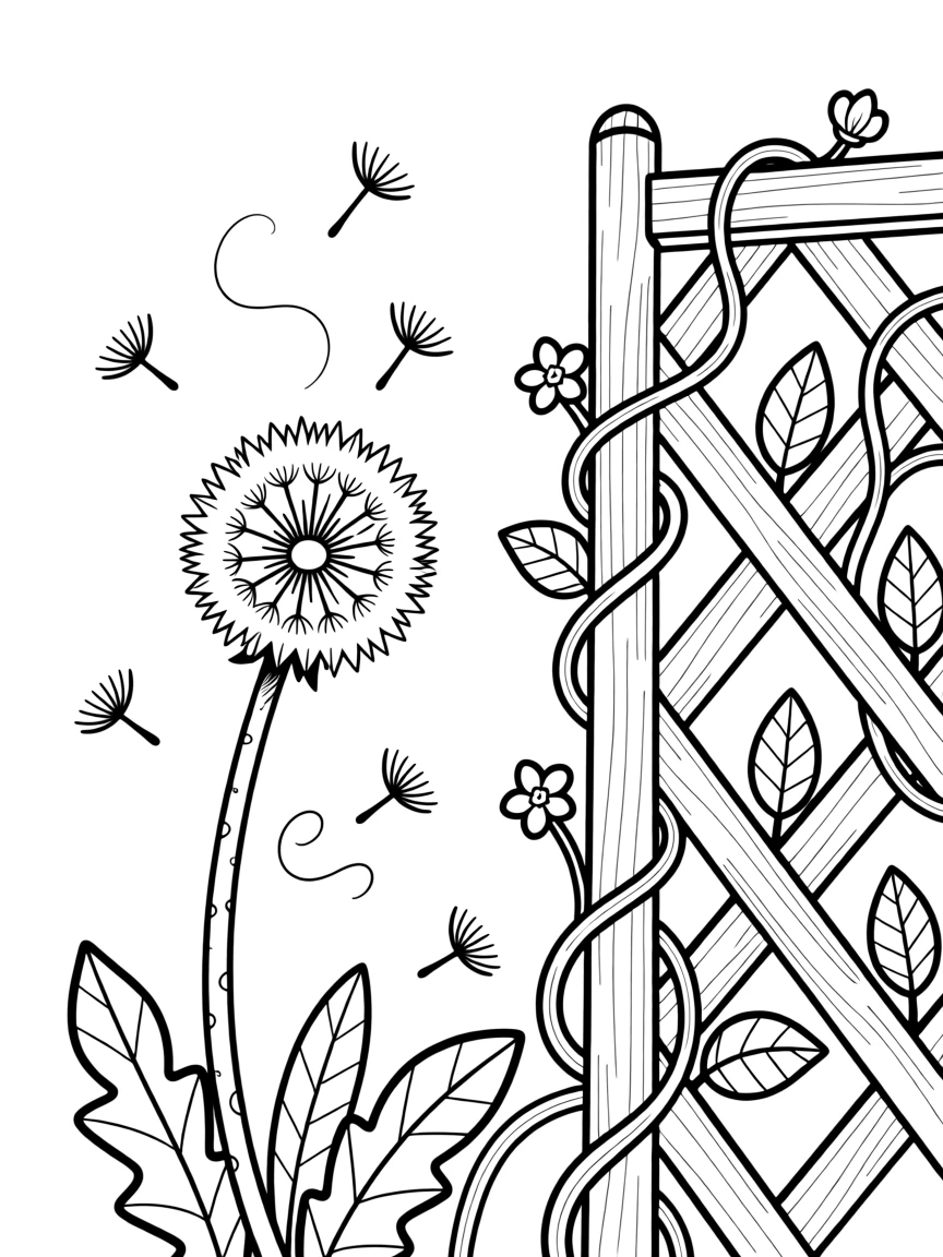 A single dandelion with seeds drifting in the breeze, with vines curling around a nearby trellis.