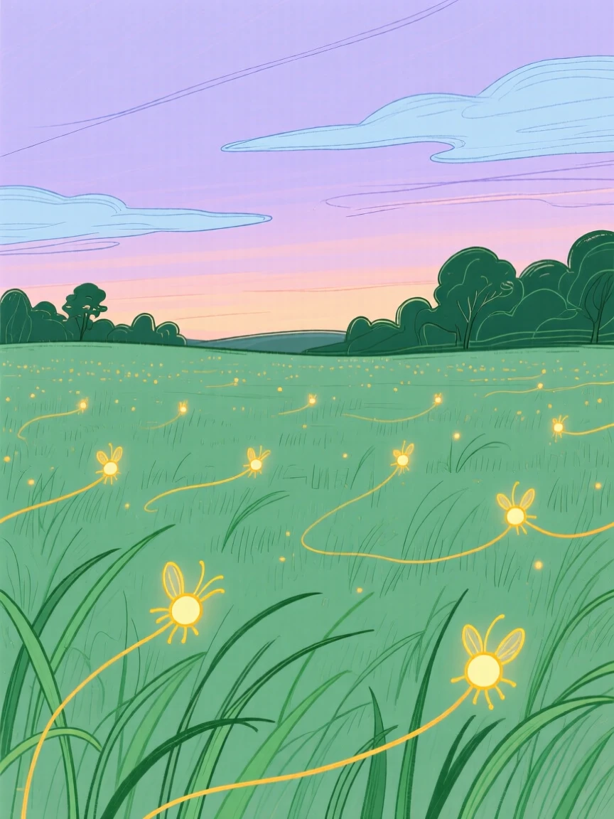 A field of fireflies glowing in a summer meadow at dusk.