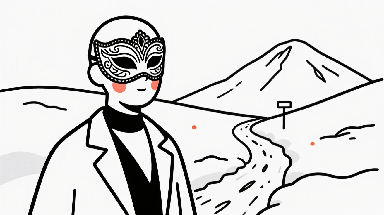 A masquerade ball guest in an ornate mask, on a snowy mountain trail.